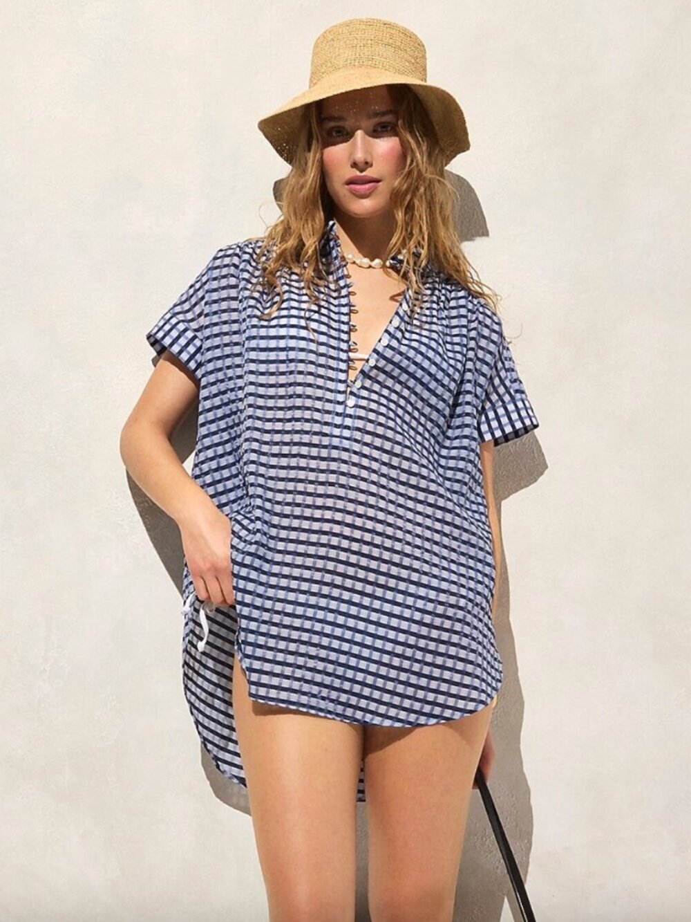 NWT! Crinkled Tunic Beach Dress in Blue Gingham Print